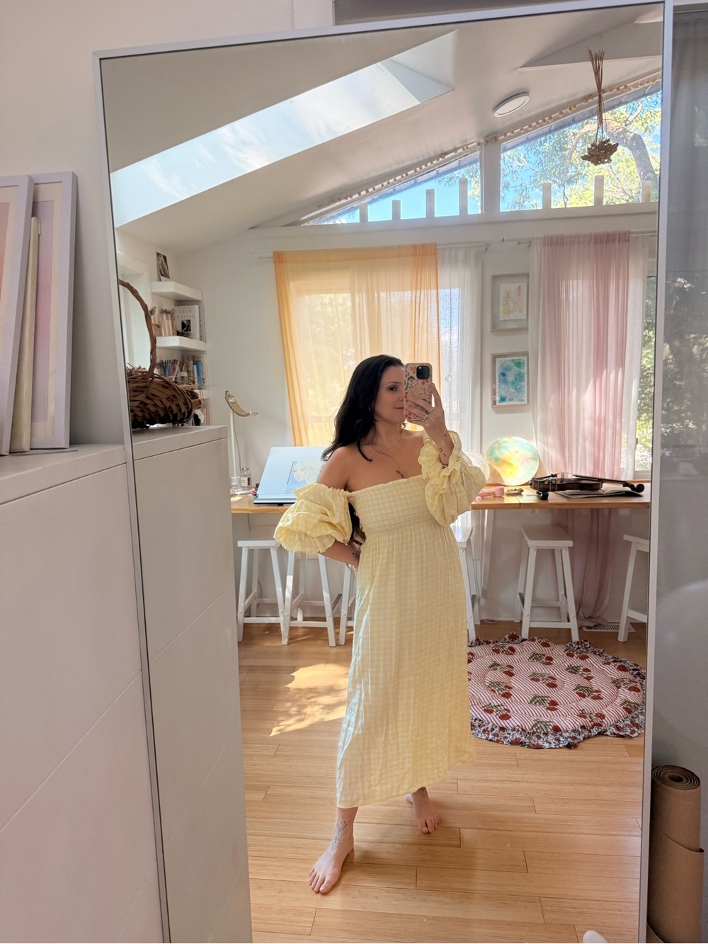 Sleeper Pale Yellow Off-Shoulder Puff-Sleeve Midi Dress